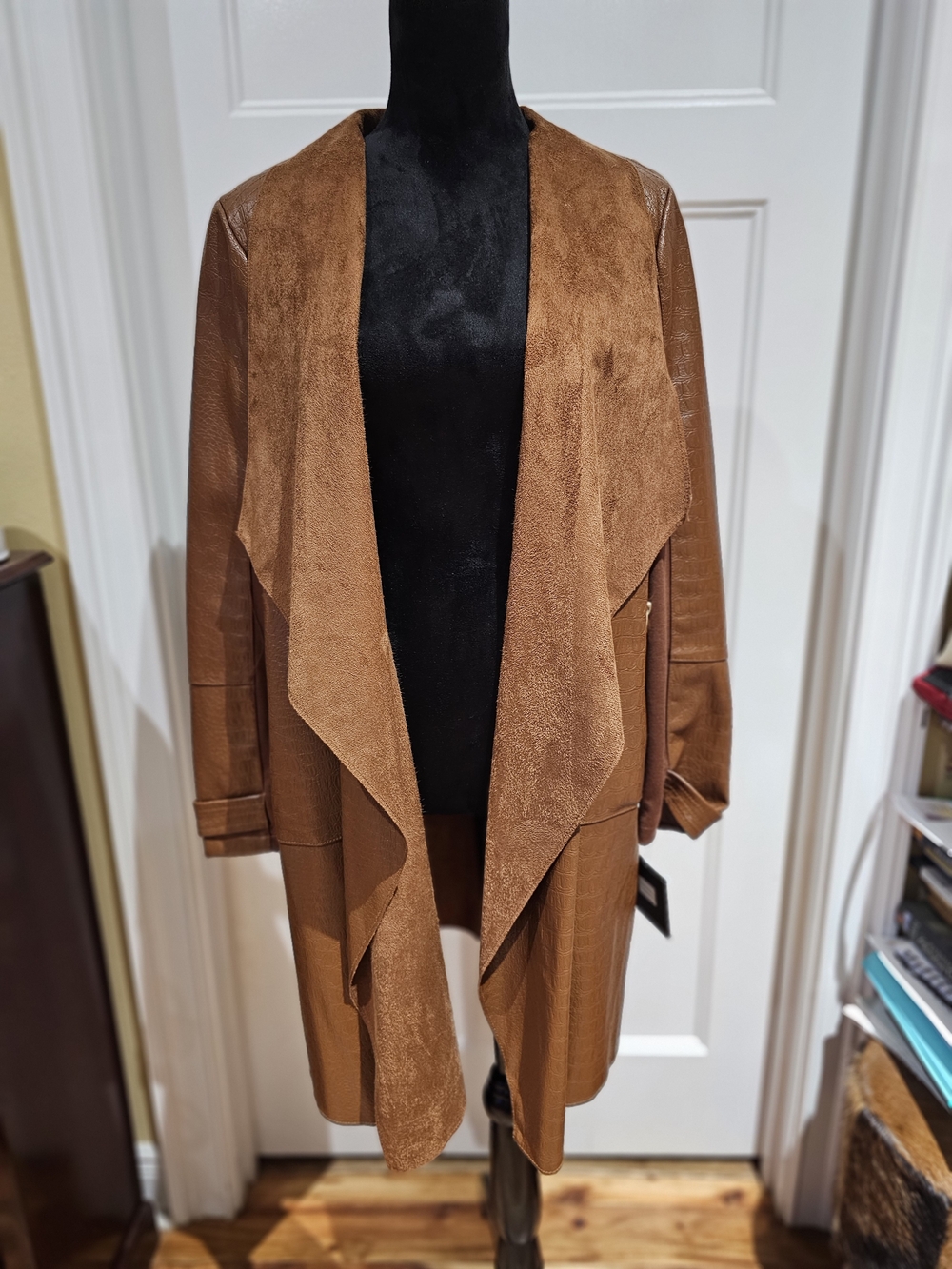 Crocodile Pecan Draped Suede-Trim Trench Coat, NWT